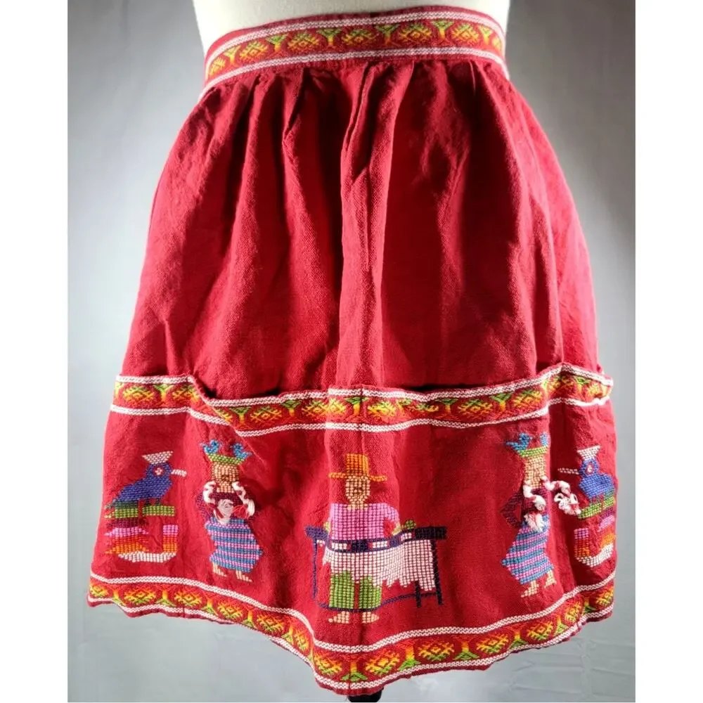 Vintage Guatemalan Embroidered Folk Art Half Apron